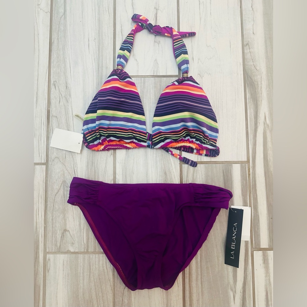 NWT, Vitamin A/La Blanca, Stripped Bikini, Purple, 12/8